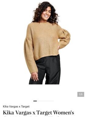 Kika Vargas Camel Ribbed Balloon-Sleeve Crewneck Sweater